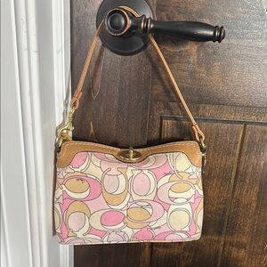 Coach Pink and Tan large wristlet with Signature Design 7.5”x5”